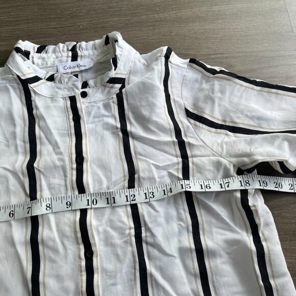 Calvin Klein White Smock-Neck Collarless Striped Blouse with Bell Sleeves - Picture 5 of 12